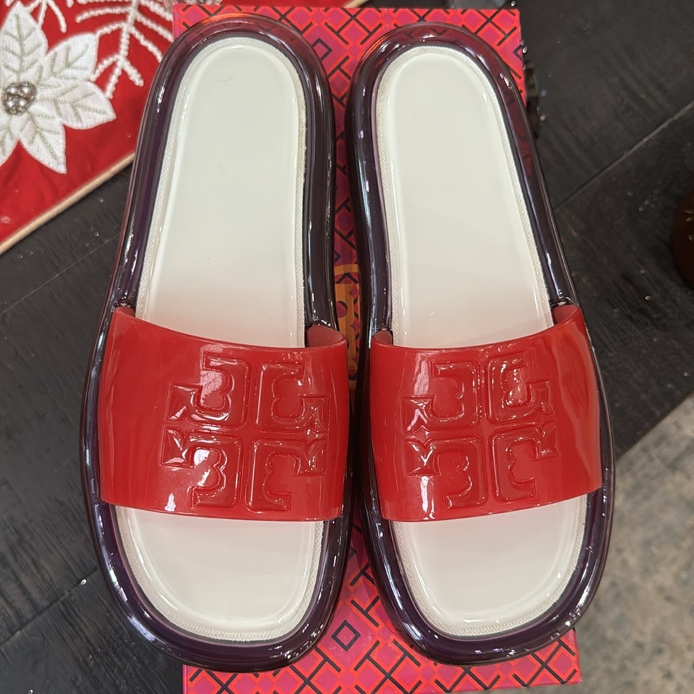 **Like NEW Tory Burch Bubble Jelly Slides in Tory Red/Deep Purple/Light Cream 9*